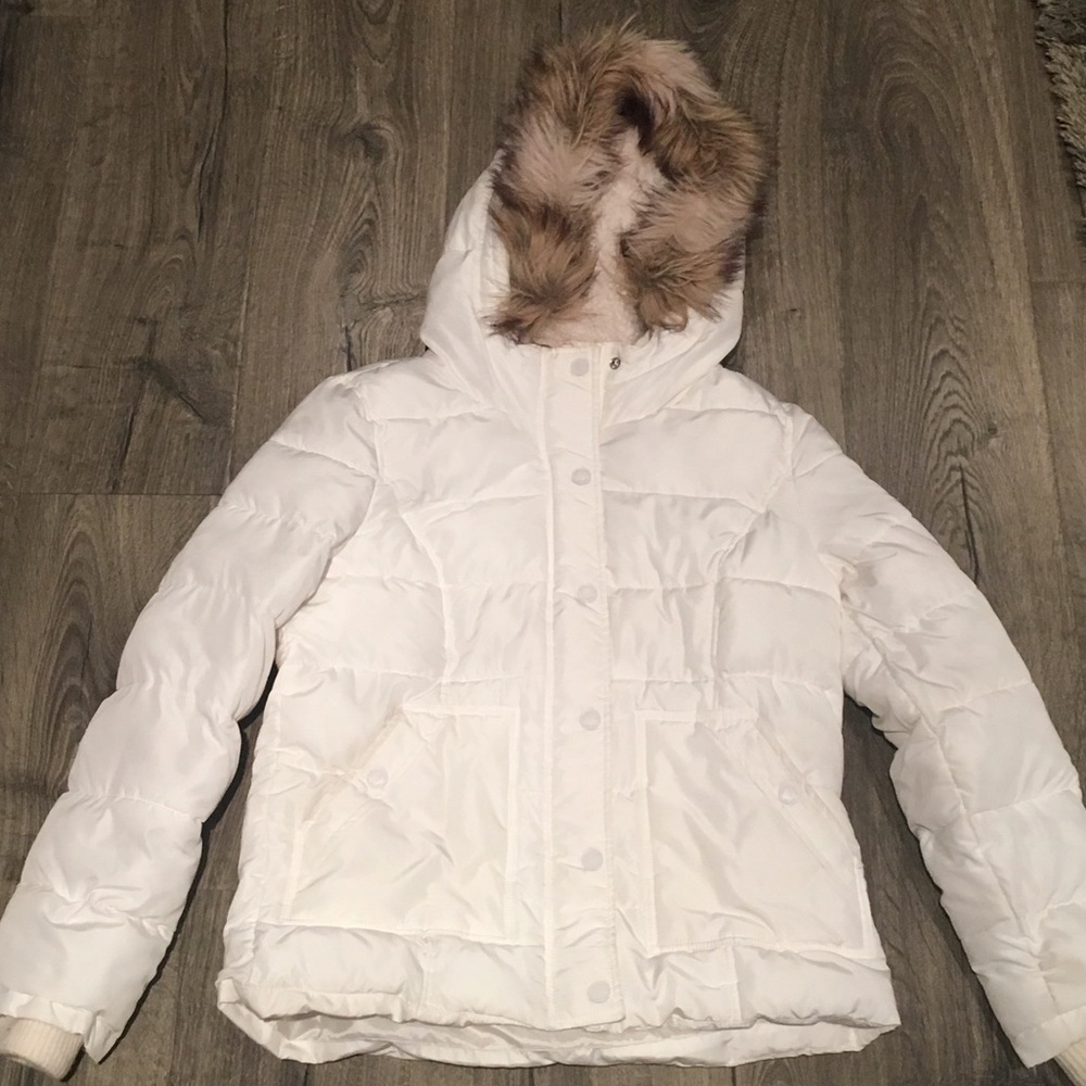 White with fur hood winter jacket